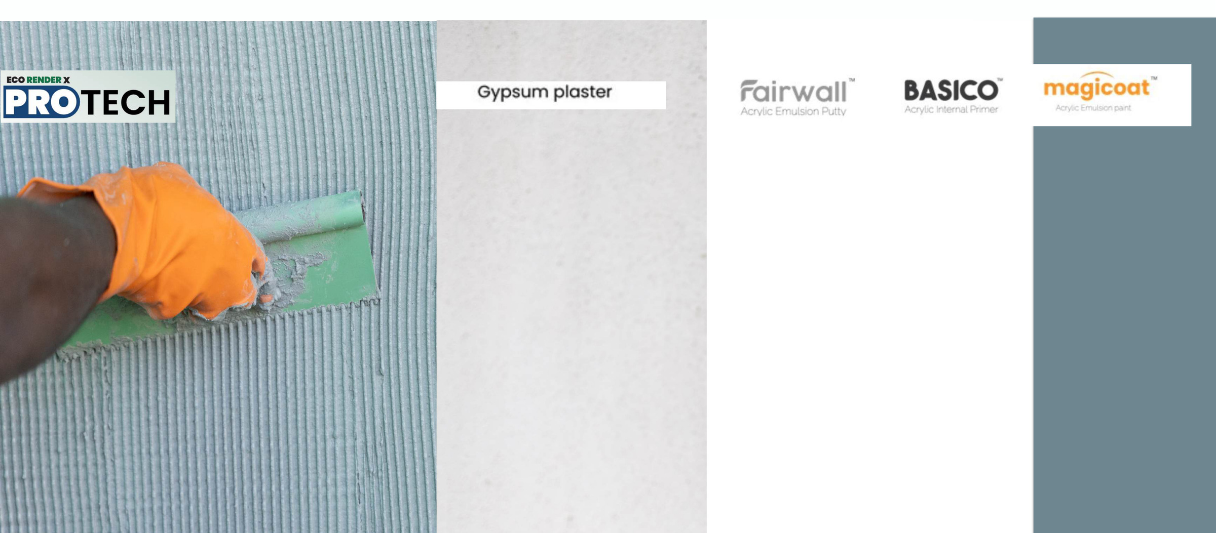 Interior wall build-up: Protech, gypsum plaster, Fairwall, Basico, Magicoat
